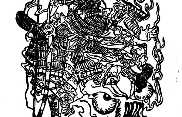Samurai on Demon Skull Linocut print