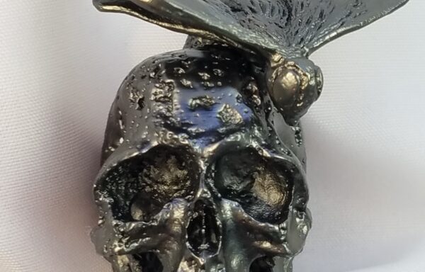 Skull and moth sculpture – black pewter